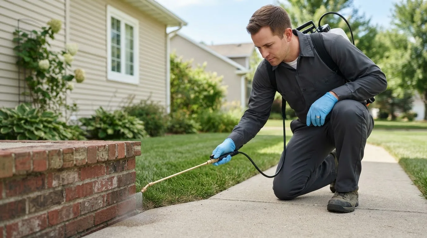 Pest control technician treating a home near Mcrae Helena, GA